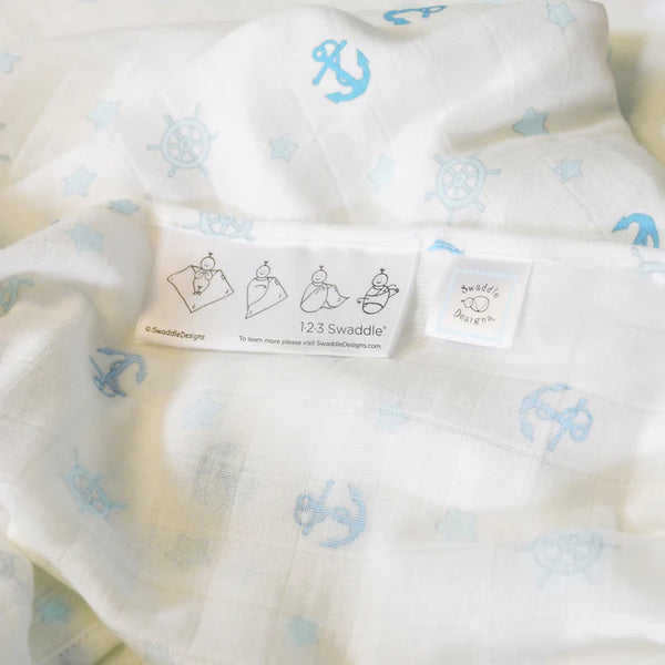 Muslin Swaddle Blankets - Little Ships (Set of 4), Pastel Blue