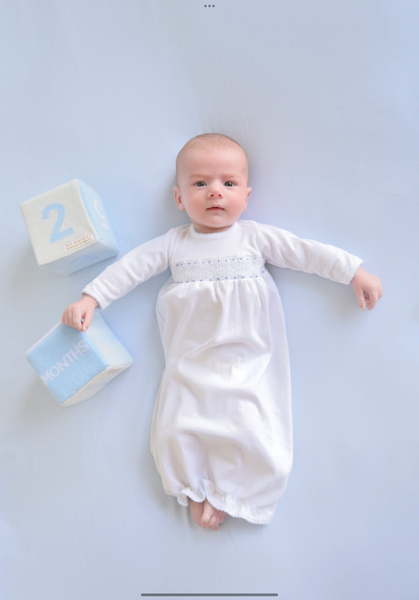 The Beaufort Bonnet Company Sweetly Smocked Greeting Gown Worth Avenue White With Buckhead Blue
