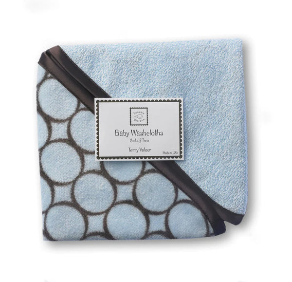 Terry Velour Baby Washcloths - Brown Mod Circles, Pastel Blue