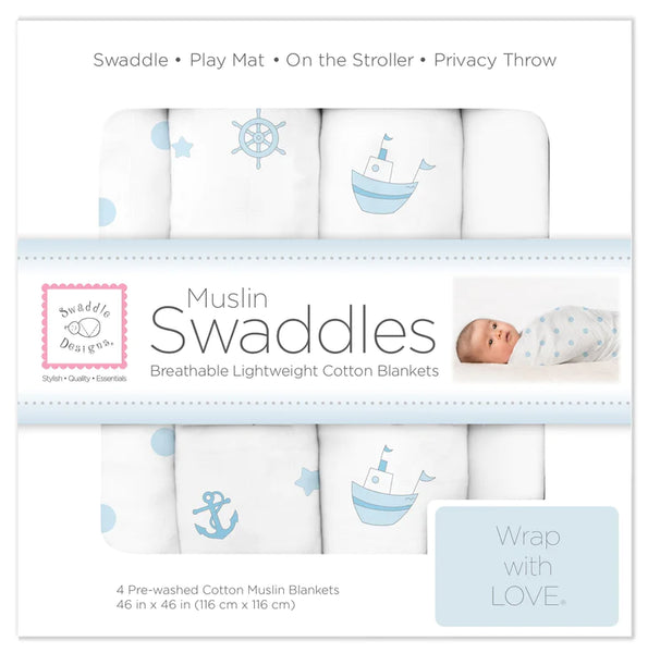 Muslin Swaddle Blankets - Little Ships (Set of 4), Pastel Blue