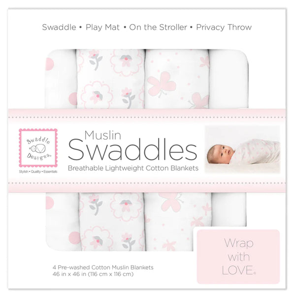 Swaddle Designs Muslin Swaddle Blankets - Butterflies and Posies (Set of 4), Pastel Pink
