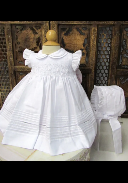 Willbeth White Smocked dress with Bonnet