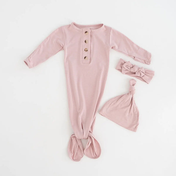 Stroller Society - Newborn Knotted Baby Gown, Bow, Hat Set - Sand