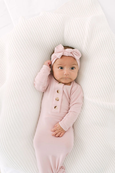 Stroller Society - Newborn Knotted Baby Gown, Bow, Hat Set - Dusty Rose