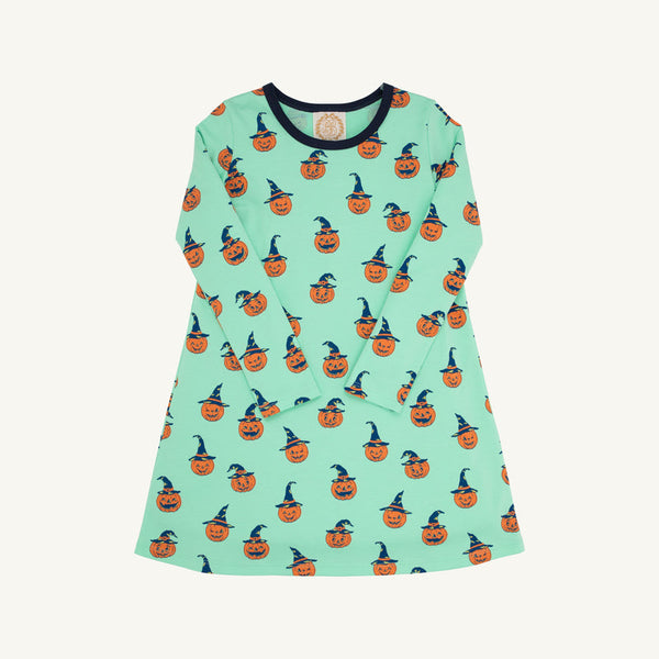 The Beaufort Bonnet Company LS Polly Play Dress - Olde Jolly Jack O' Lantern with Nantucket Navy