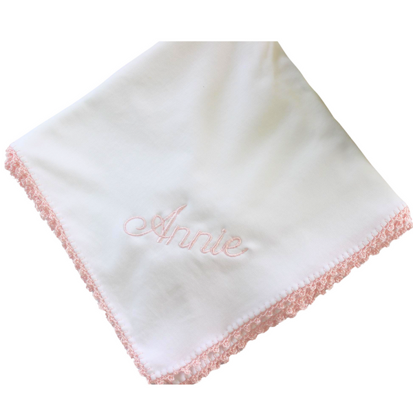 Pixie Lily Receiving Blanket white Pink Trim