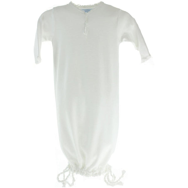 Pixie Lily Unisex White Sack Gown Drawstring Hem Crochet Trim