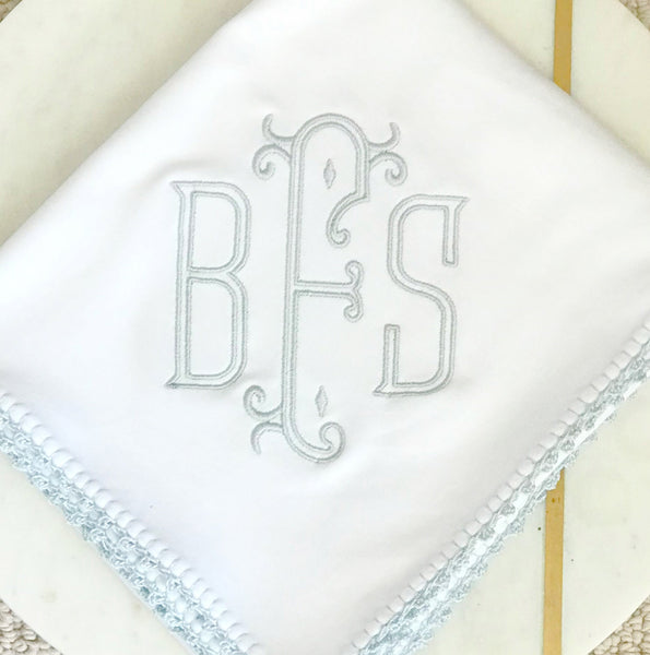 Pixie Lily Receiving Blanket white with blue trim