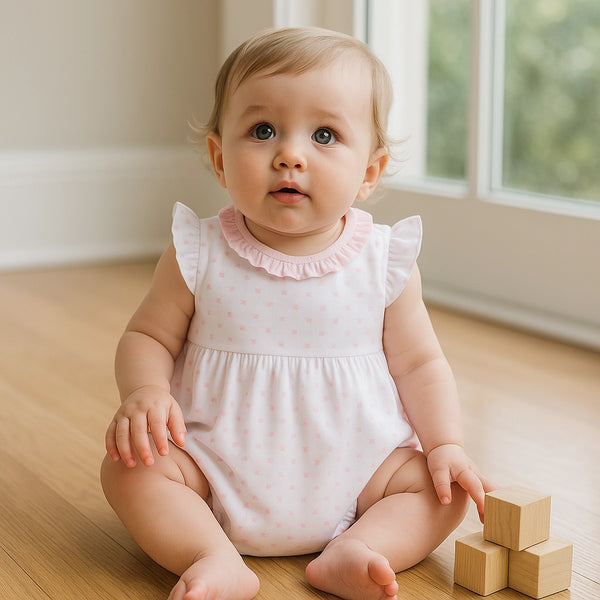 Magnolia Baby Gingham Dot Ruffle Flutter Bubble Pink & White