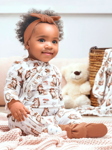 Tesa Babe  Harvest Fox Ruffle Zipper Romper – Soft Bamboo Fall Favorite