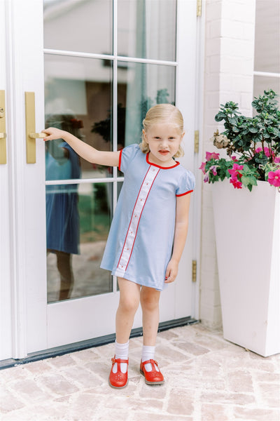 Proper Peony Parkside Pima Girls Blue A-Line Dress - Red Trim