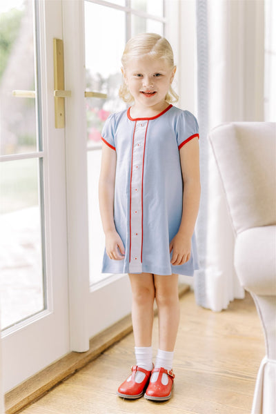 Proper Peony Parkside Pima Girls Blue A-Line Dress - Red Trim