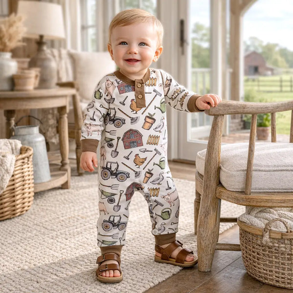 Tessa Babe Farmer's Market Baby Henley Romper - Bamboo One Piece