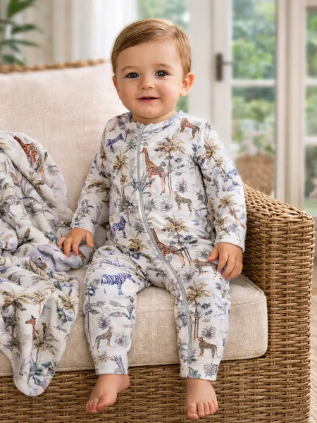 Tesa Baby Jungle Safari Bamboo Zipper Romper with Convertible Cuffs