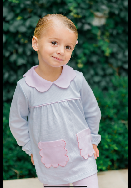 The Proper Peony Parkside Pima Scallop Pink in Light Blue Stripes Tunic Set