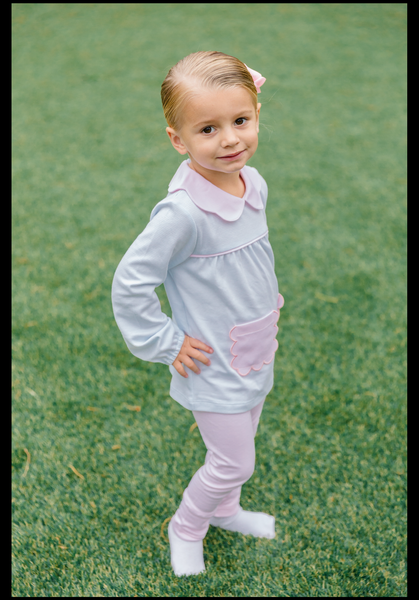 The Proper Peony Parkside Pima Scallop Pink in Light Blue Stripes Tunic Set