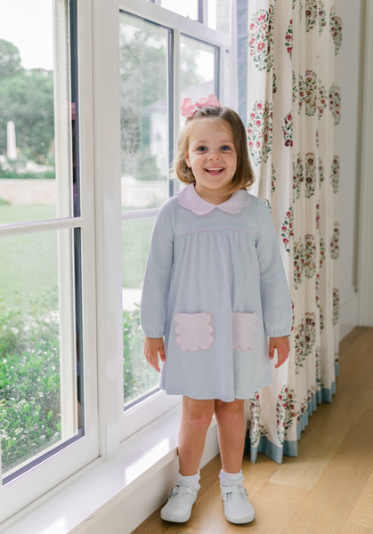 The Proper Peony Parkside Pima Scallop Pink in Light Blue Stripes Dress
