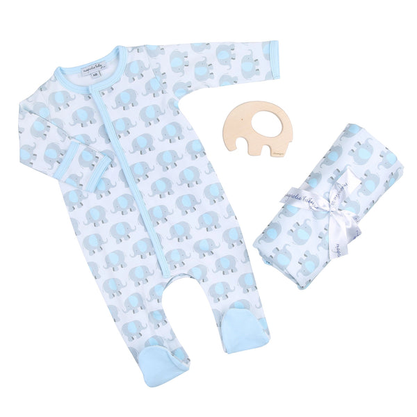 Magnolia Baby Blue Elephant Gift Set - Footie + Blanket + Teether