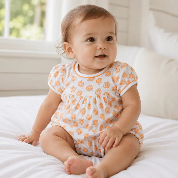 Magnolia Baby Pumpkin Print Ruffle Short Sleeve Bubble