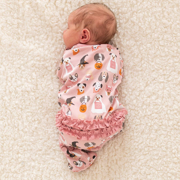 Magnolia Baby Halloween Hounds Ruffle Zip Footie - Dusty Rose