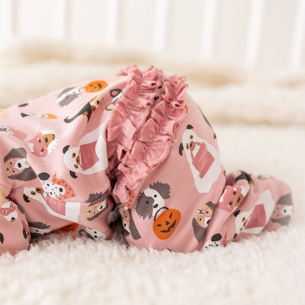 Magnolia Baby Halloween Hounds Ruffle Zip Footie - Dusty Rose