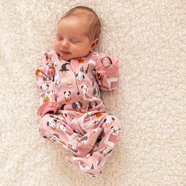 Magnolia Baby Halloween Hounds Ruffle Zip Footie - Dusty Rose