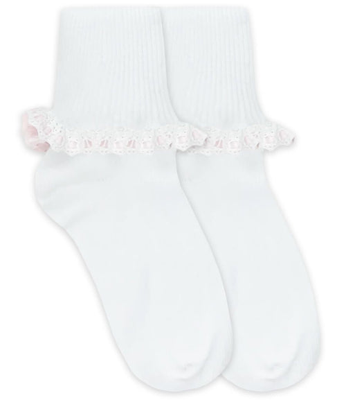 Jefferies Socks Cluny & Satin Lace Turn Cuff Socks 1 Pair White/Pink