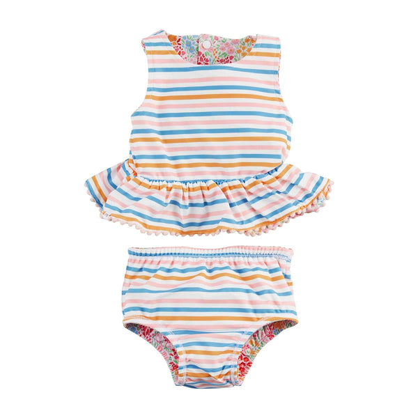 Mud Pie Floral / Stripe Reversible Swimsuit with Headband