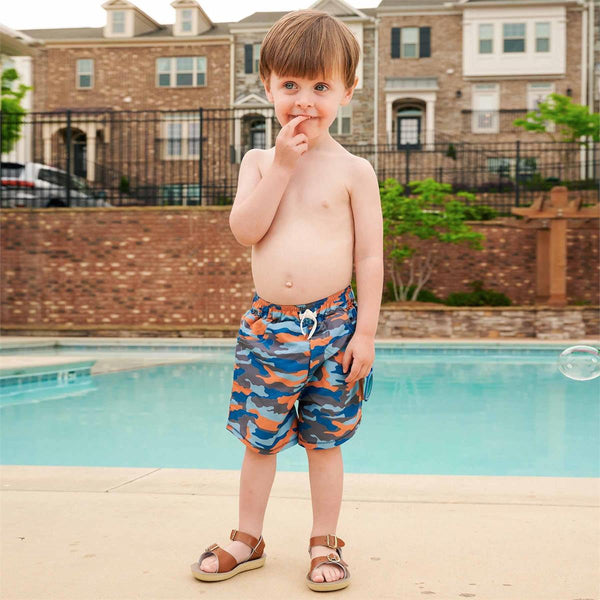 Mud Pie Camo Swim Trunks with Sunglasses