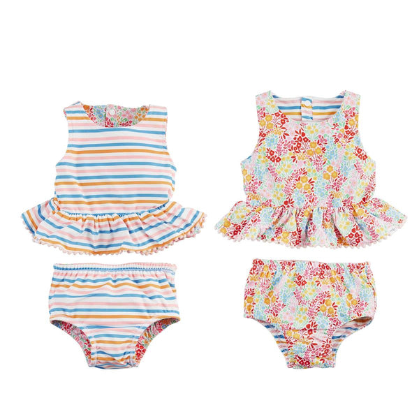 Mud Pie Floral / Stripe Reversible Swimsuit with Headband