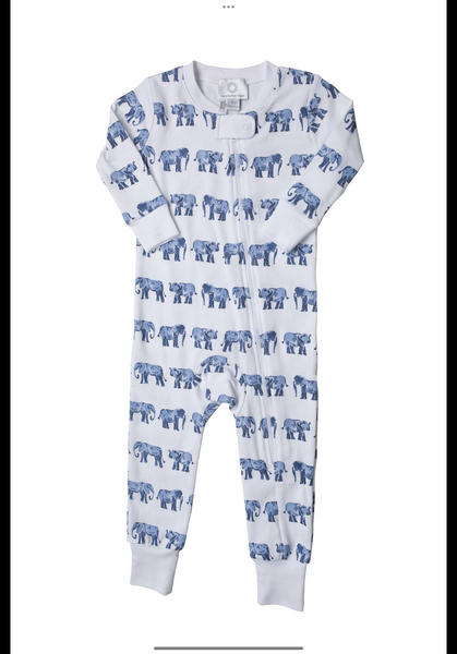 The Proper Peony Parkside Pima Elephants - Zipper PJ cuffed no feet