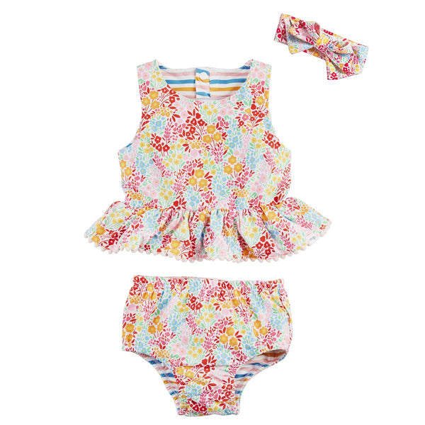 Mud Pie Floral / Stripe Reversible Swimsuit with Headband